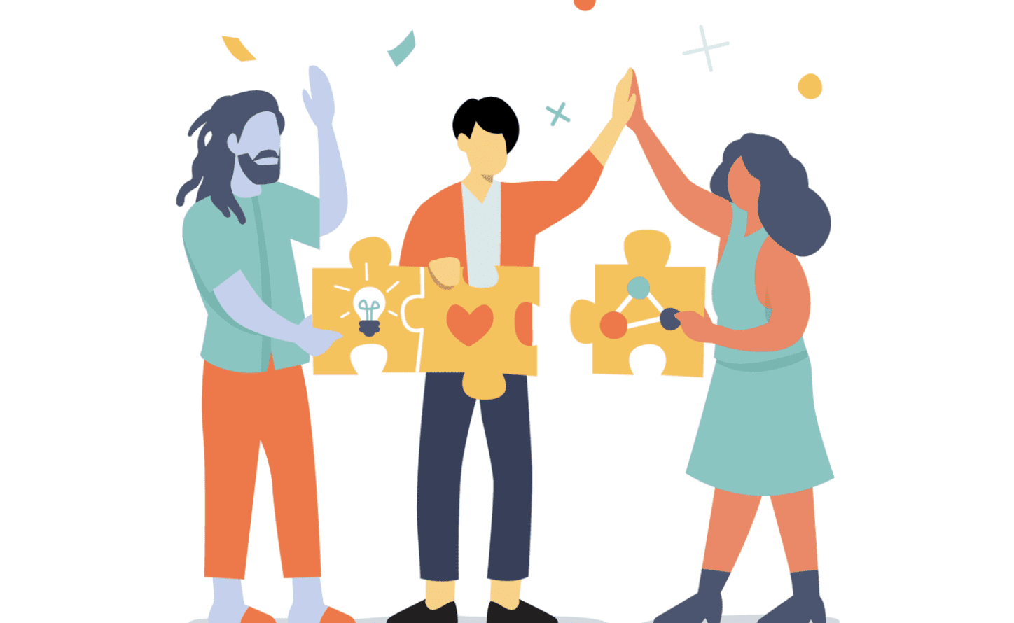 Graphic of three people putting puzzle pieces together and giving a high five.